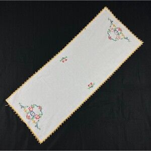 VTG Cotton Linen Table Runner Dresser scarf Embroidered Floral yellow 14.5 x 38